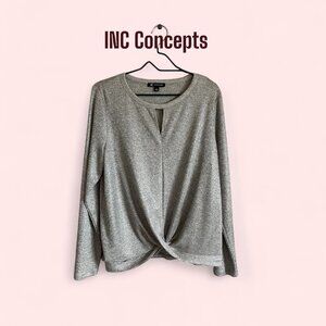 INC International Concepts Silver Metallic Long Sleeve Twisted Hem Top – Size L